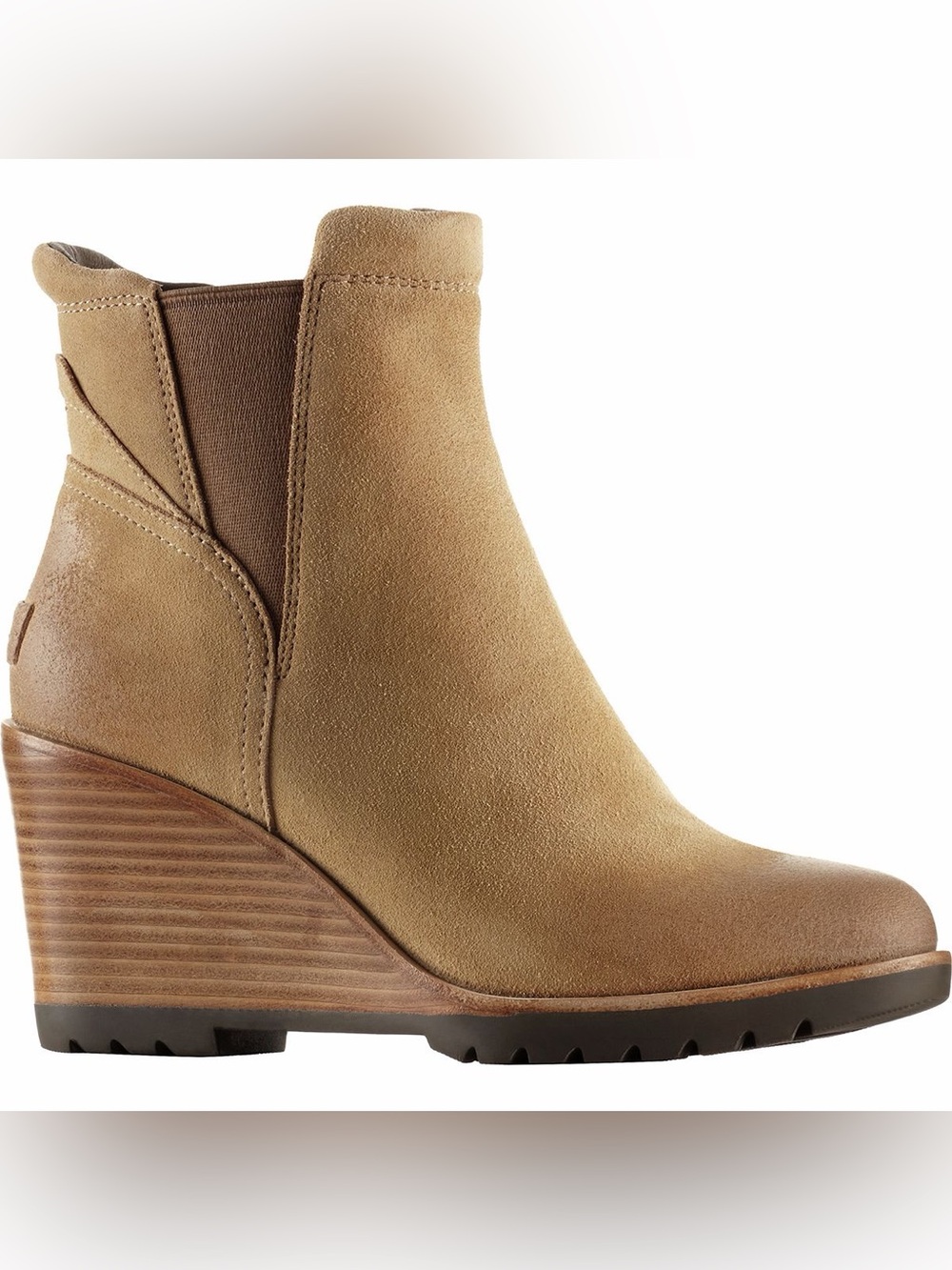 Sorel After Hours Women's Tan Suede Gum sole and Stacked Wedge Ankle Booties